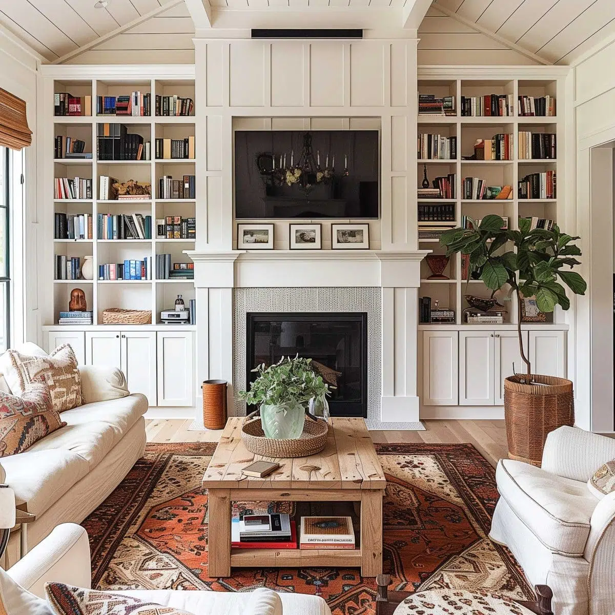 A cozy living room with a white color scheme. The room features a fireplace centered between built-in bookshelves filled with books and decor. There are white couches, a wooden coffee table with a plant, a patterned rug, a TV above the fireplace, and a large plant.