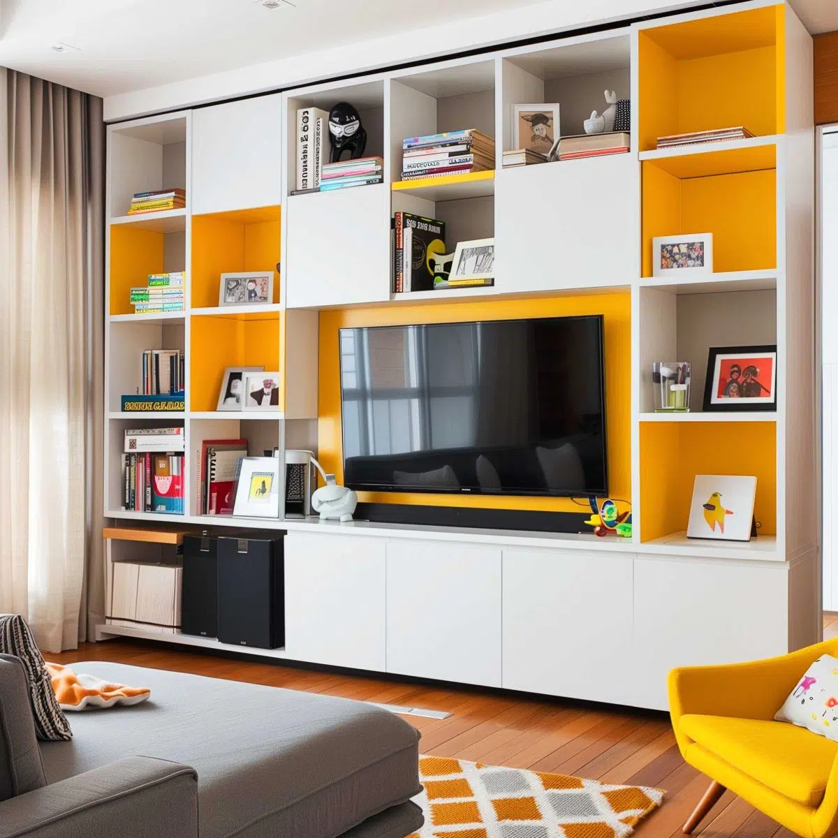 A modern living room with a large wall-mounted TV centered on a white and yellow built-in shelving unit. The shelves display books, framed photos, and decorative items. A gray sofa and a yellow armchair surround a wooden floor with a geometric-patterned rug.
