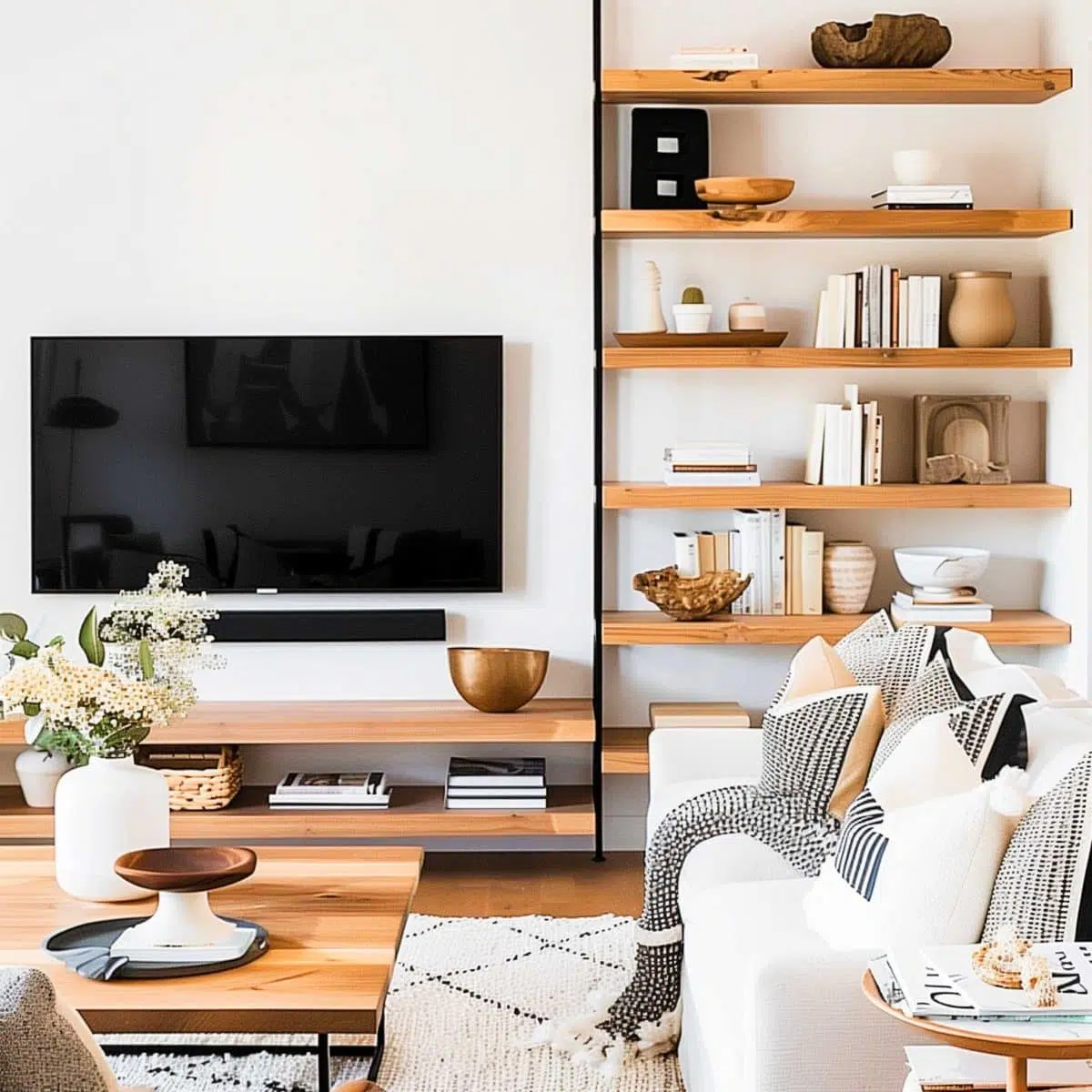 A modern living room with white walls features a wall-mounted flat-screen TV, wooden floating shelves filled with books and decorative items, a white cozy sofa with patterned cushions, and a coffee table with a vase of flowers. The decor combines elegance and minimalism.