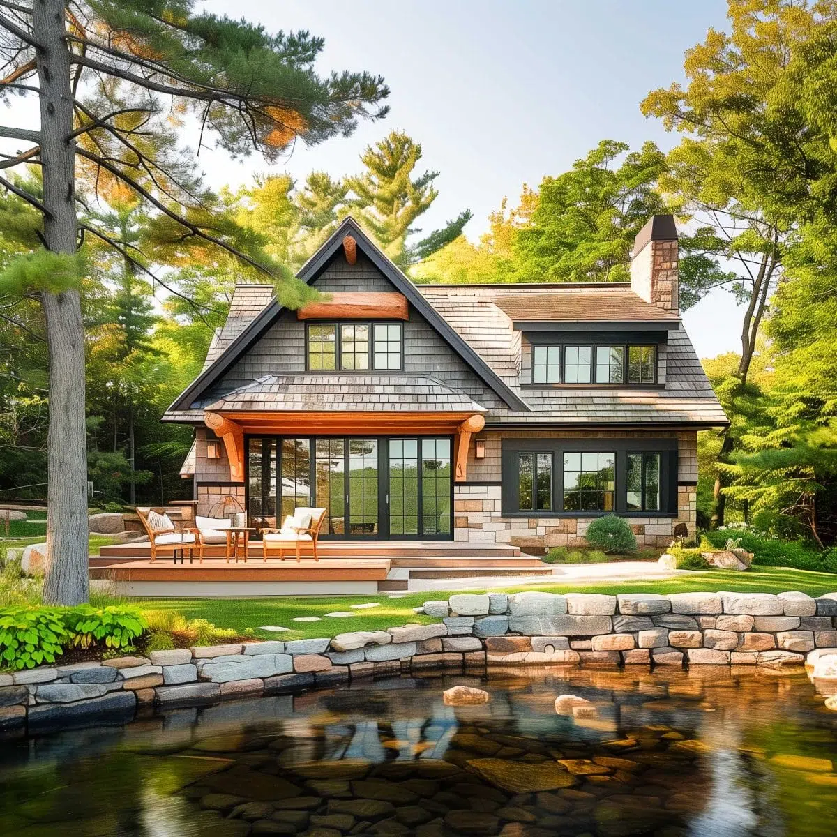 A cozy two-story cabin with a sloped roof, large windows, and wooden exterior sits amidst tall trees. An inviting patio with chairs and a table faces a serene pond surrounded by rocks. The scene is illuminated by warm sunlight, evoking tranquility and nature's beauty.