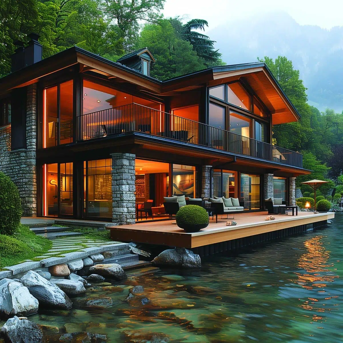 A modern, luxurious two-story house with large glass windows is set on the edge of a serene lake surrounded by lush greenery. The house features a spacious outdoor deck with seating and stone pillars, merging natural and contemporary elements harmoniously.