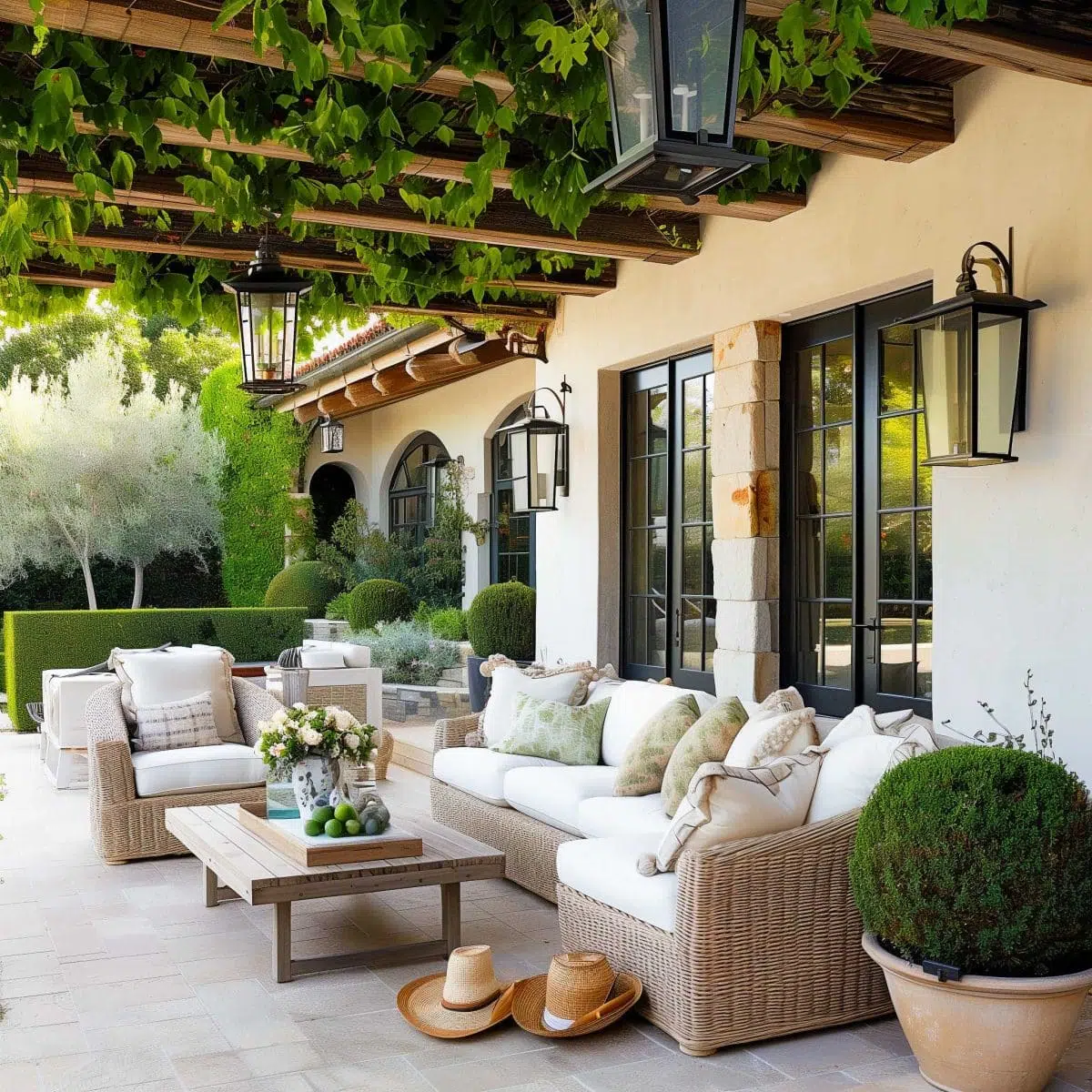 beautiful_outdoor_living_spaces (1) A cozy patio with wicker furniture, white cushions, and decorative pillows is shaded by a pergola covered in green vines. A coffee table holds a floral arrangement, and two straw hats rest nearby. Lantern-style light fixtures hang from the wooden beams of the pergola.