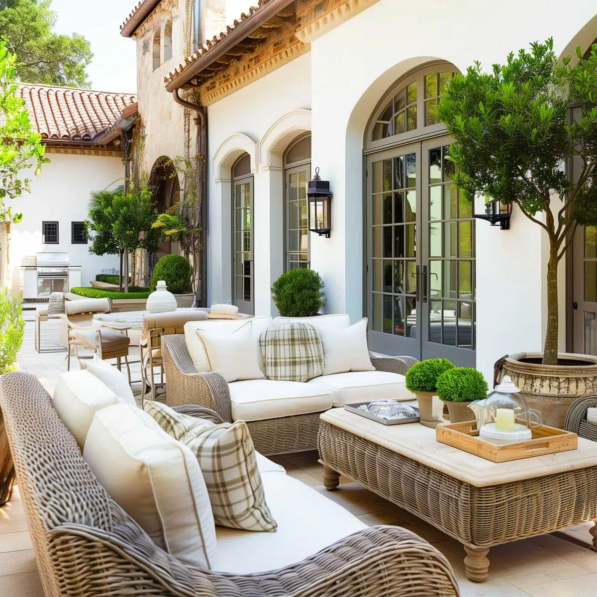 beautiful_outdoor_living_spaces (10) A Mediterranean-style patio features wicker furniture with white and plaid cushions, a wooden coffee table, potted plants, arched windows and doors, and stone accents. The space is inviting with a warm and elegant ambiance.