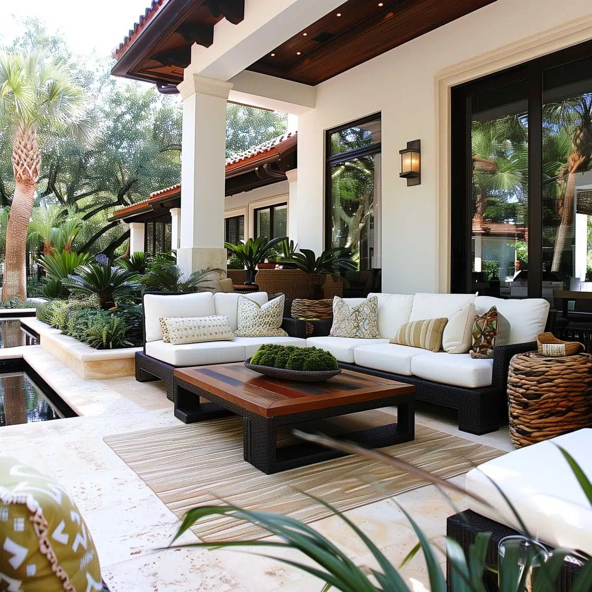 beautiful_outdoor_living_spaces (11) A luxurious outdoor patio features cushioned seating with patterned pillows, a wooden coffee table, and surrounding planters filled with lush greenery. The area is adorned with modern lights, and the house exterior showcases large windows and a terracotta roof.