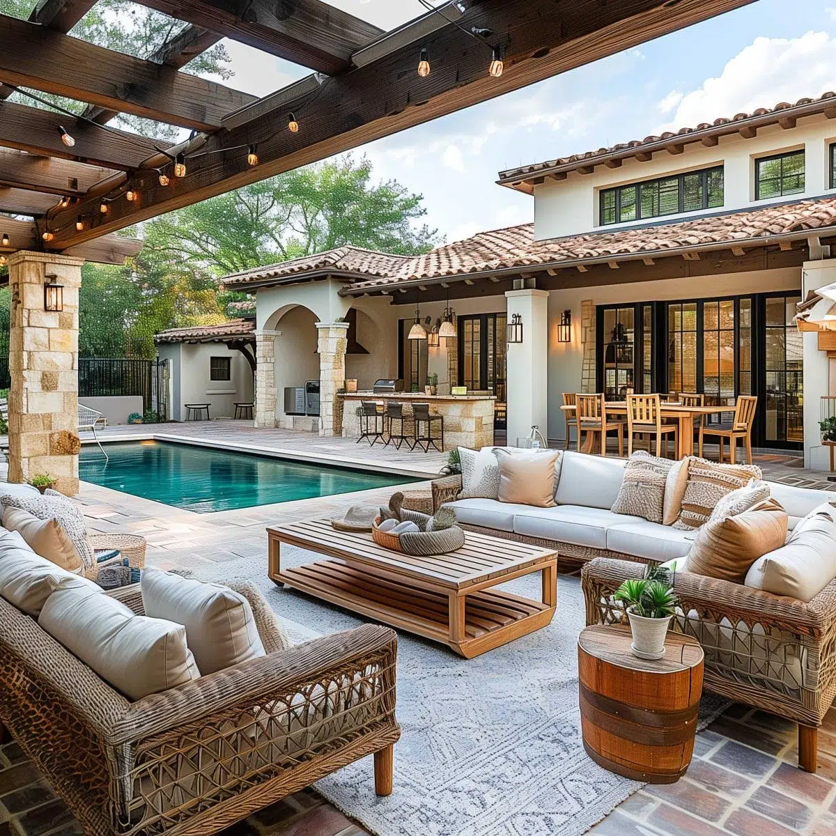 beautiful_outdoor_living_spaces (13) A luxurious outdoor patio features wicker furniture with white cushions, a wooden coffee table, a patterned rug, and string lights overhead. A stone patio leads to a rectangular pool. The background showcases a large, elegant home with a tiled roof and an outdoor dining area.