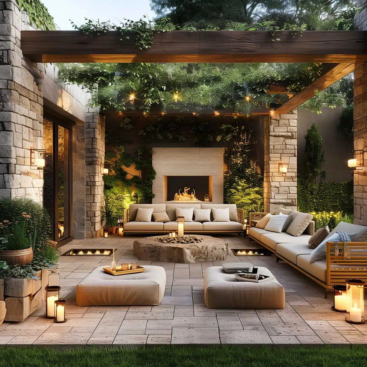 beautiful_outdoor_living_spaces (14) A cozy outdoor patio features comfortable seating, a central stone fire pit, and warm lighting from string lights and lanterns. The area is surrounded by lush greenery and has a pergola overhead, creating an inviting and intimate atmosphere for relaxation.