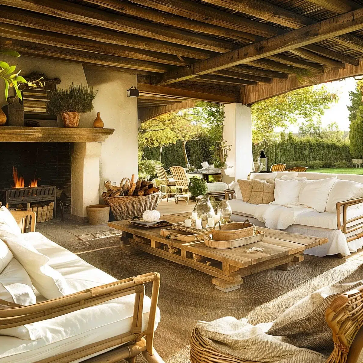 beautiful_outdoor_living_spaces (15) A cozy outdoor living space featuring wooden furniture with plush white cushions under a wooden pergola. The area includes a rustic coffee table, a fireplace with stacked firewood, and wicker chairs. Lush greenery surrounds the space, providing a tranquil backdrop.