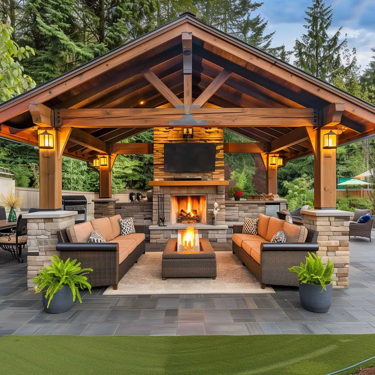 beautiful_outdoor_living_spaces (16) A spacious outdoor living area with a wooden pergola featuring a stone fireplace and large TV. Two sofas with orange and brown cushions face each other in front of a modern firepit. The area is surrounded by lush greenery and has potted plants and lanterns.