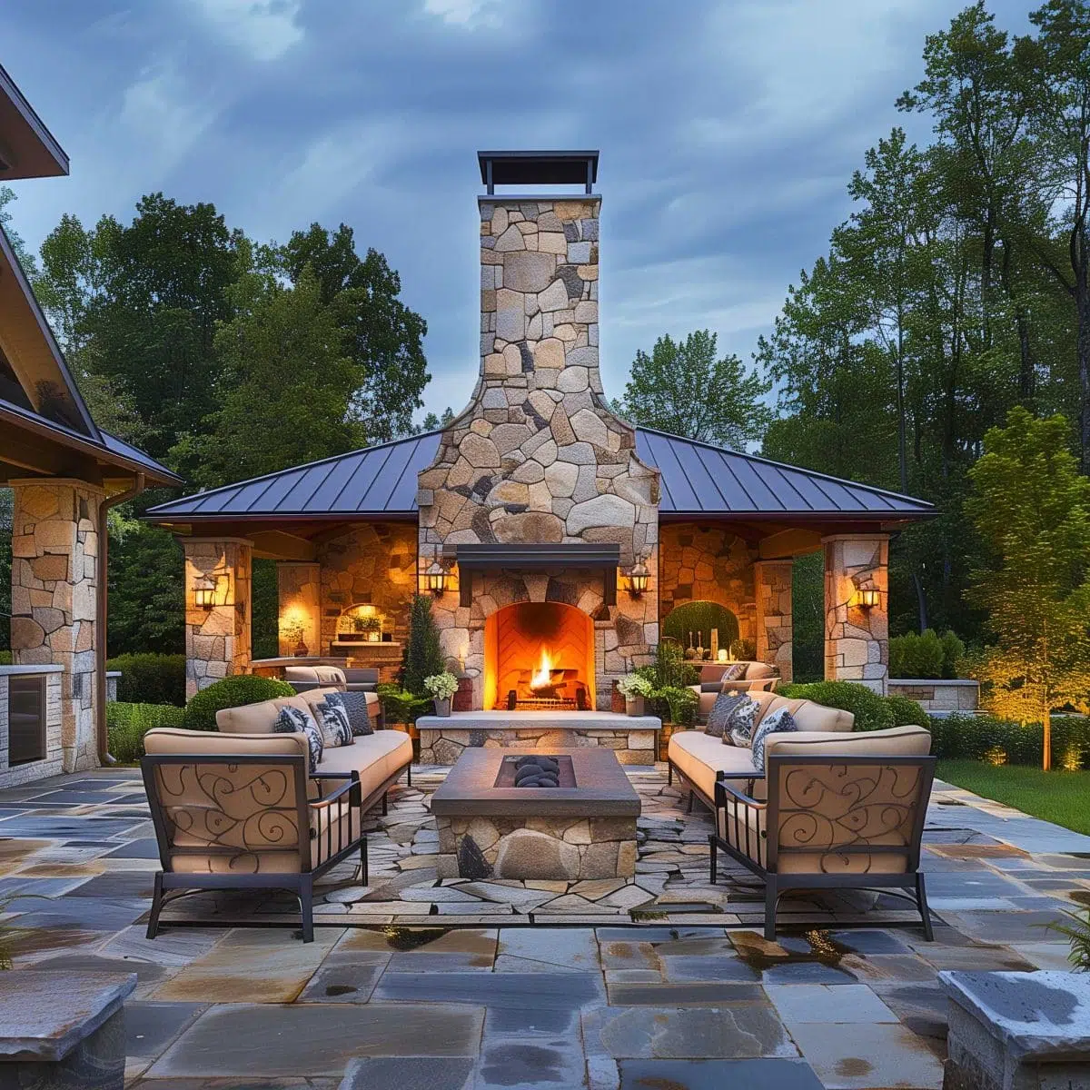 beautiful_outdoor_living_spaces (17) A cozy outdoor patio features a large stone fireplace with a wooden mantel and a rustic chimney. Surrounded by lush greenery, the area includes cushioned seating, a fire pit in the center, and warm ambient lighting, creating a welcoming atmosphere.