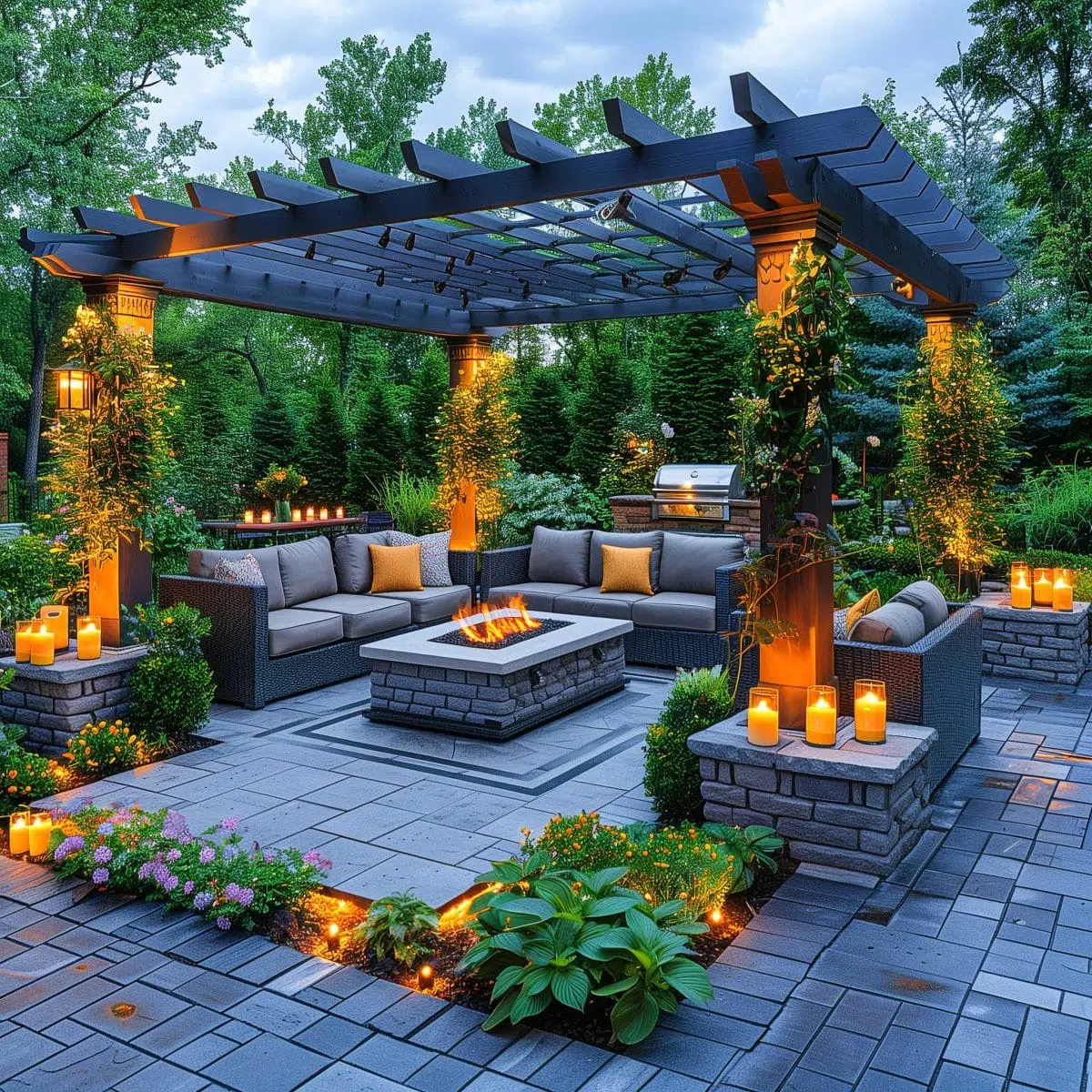 beautiful_outdoor_living_spaces (18) A cozy and inviting outdoor patio scene features a pergola with warm string lights, comfortable sectional sofas, and a central fire pit with flames. Surrounding the area are lit candles, lush green plants, and neatly arranged pavers, creating a serene ambiance.