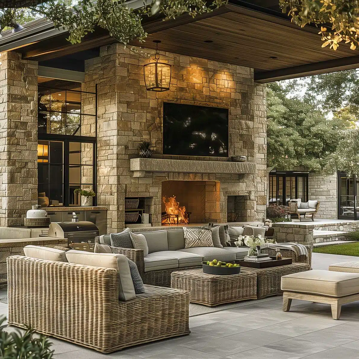 beautiful_outdoor_living_spaces (19) An elegant outdoor patio features wicker furniture with beige cushions arranged around a large stone fireplace. A lantern hangs above the fireplace, which emits a warm glow. The patio is surrounded by trees and has a view of a modern, glass-fronted house.