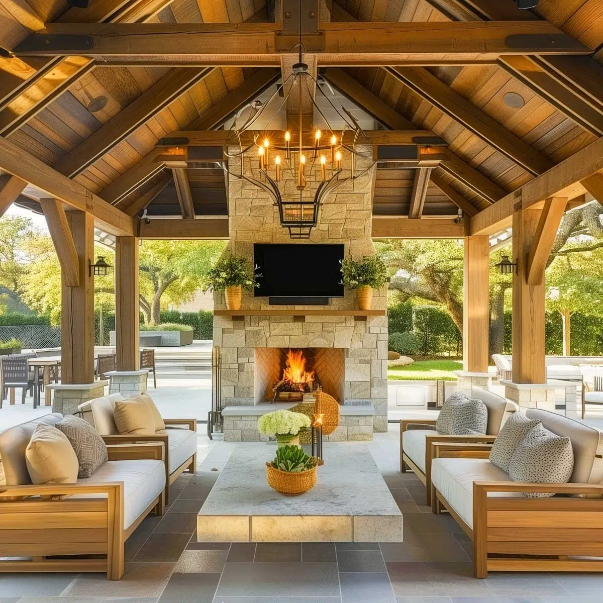 beautiful_outdoor_living_spaces (2) A patio with a cozy seating area under a wooden pergola features a stone fireplace with a TV mounted above it. The area is furnished with cushioned chairs and a coffee table, adorned with a bowl of flowers. Surrounding trees and a landscaped yard are visible in the background.