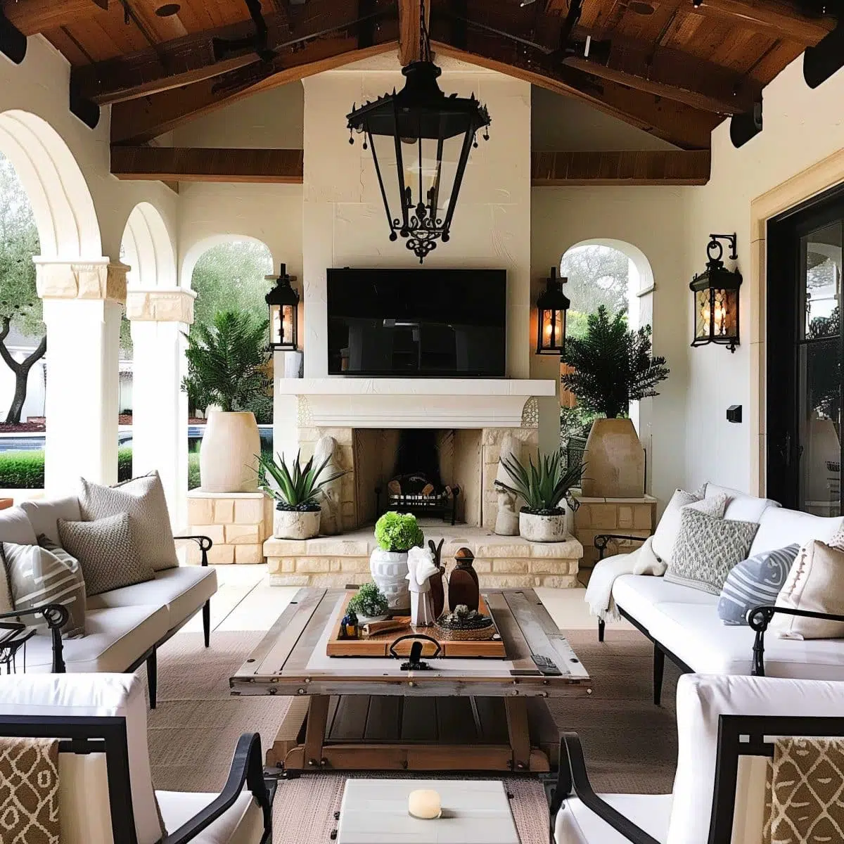 beautiful_outdoor_living_spaces (21) A cozy outdoor patio features white cushioned seating, a wooden coffee table with potted plants, and a stone fireplace. An elegant chandelier hangs from the wood-paneled ceiling. The area is surrounded by arched openings with views of lush greenery outside.