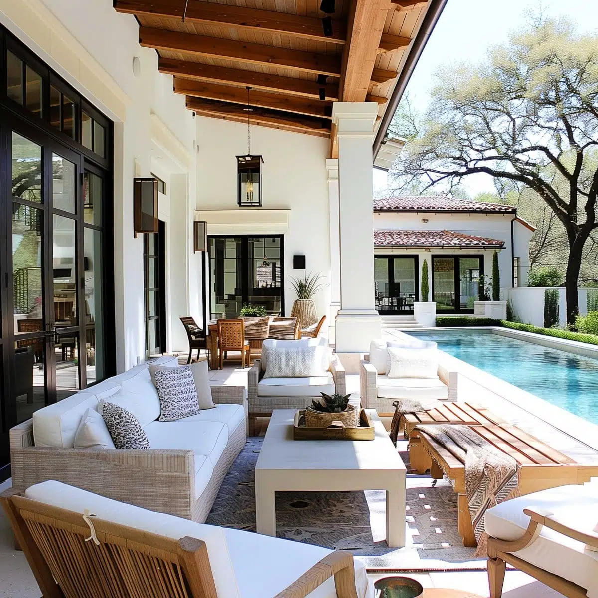 beautiful_outdoor_living_spaces (22) An outdoor patio with modern, neutral-toned furniture including sofas, armchairs, and wooden benches arranged around a coffee table. The area is adjacent to a long, narrow pool and is covered by a wooden pergola. A sprawling yard and trees are visible in the background.