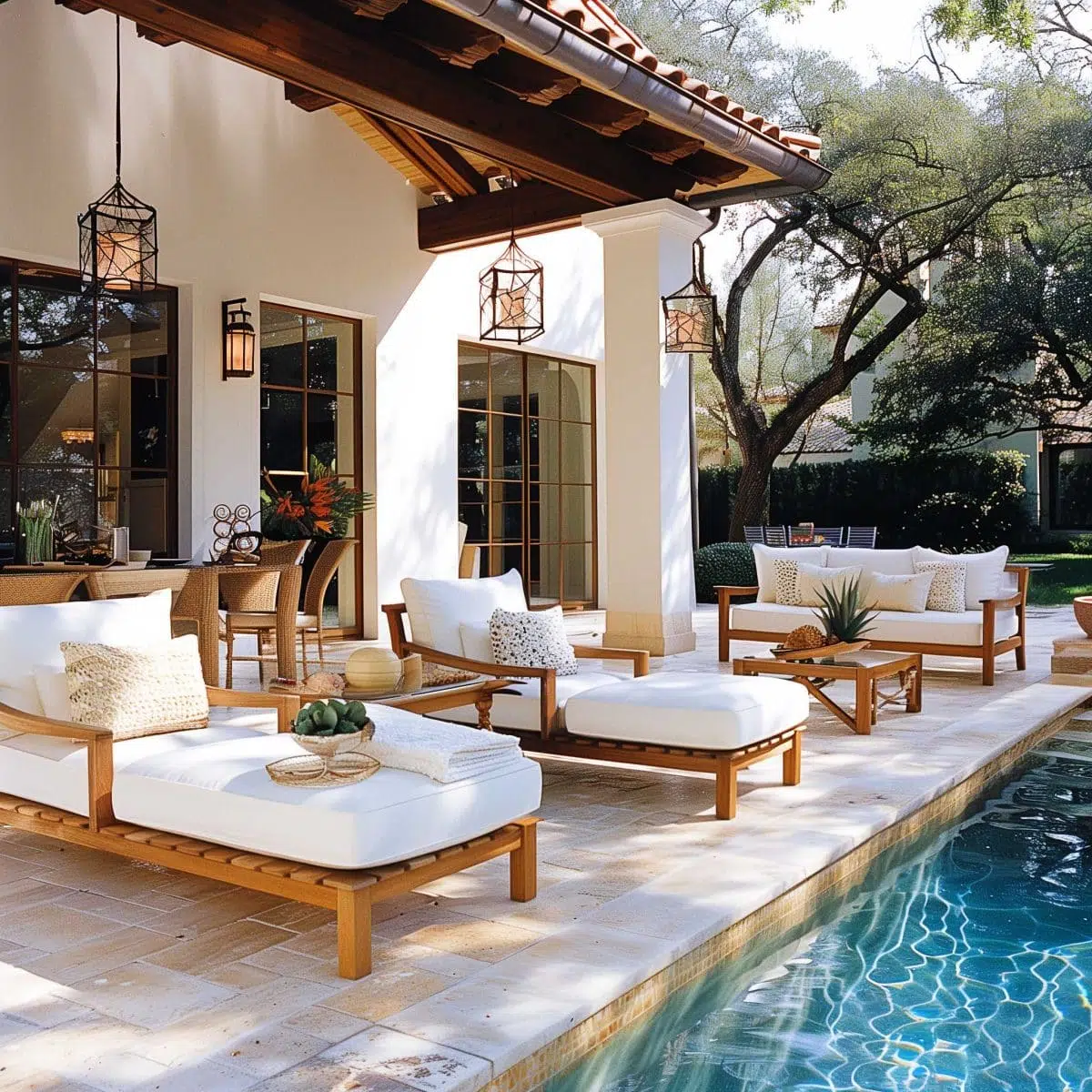 beautiful_outdoor_living_spaces (23) Luxurious outdoor patio featuring wooden lounge chairs with white cushions, a wooden table with decorative plants, and hanging lanterns. The patio is by a blue-tiled pool and surrounded by trees, attached to a white-walled building with large glass windows.