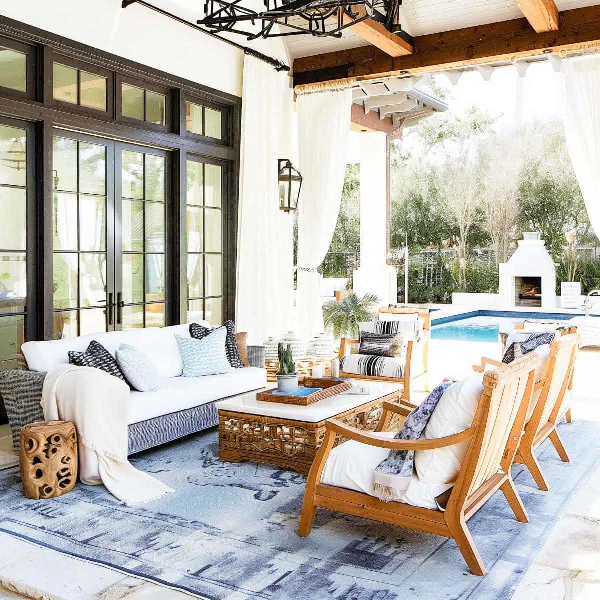 beautiful_outdoor_living_spaces (24) An inviting outdoor patio features a stylish seating arrangement with a white sofa and wooden chairs, a wooden coffee table, and decorative throw pillows. A blue and white rug underlies the furniture. In the background, there's a pool, lounge chairs, and a fireplace.