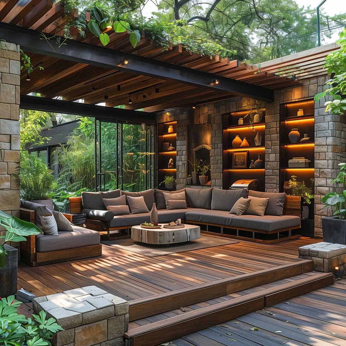 beautiful_outdoor_living_spaces (25) A cozy outdoor lounge area with a large L-shaped sofa, wooden floor, and stone steps. The wooden pergola overhead supports greenery and hanging lights. Shelves with decorative items are built into the stone wall. A round firepit is in the center.
