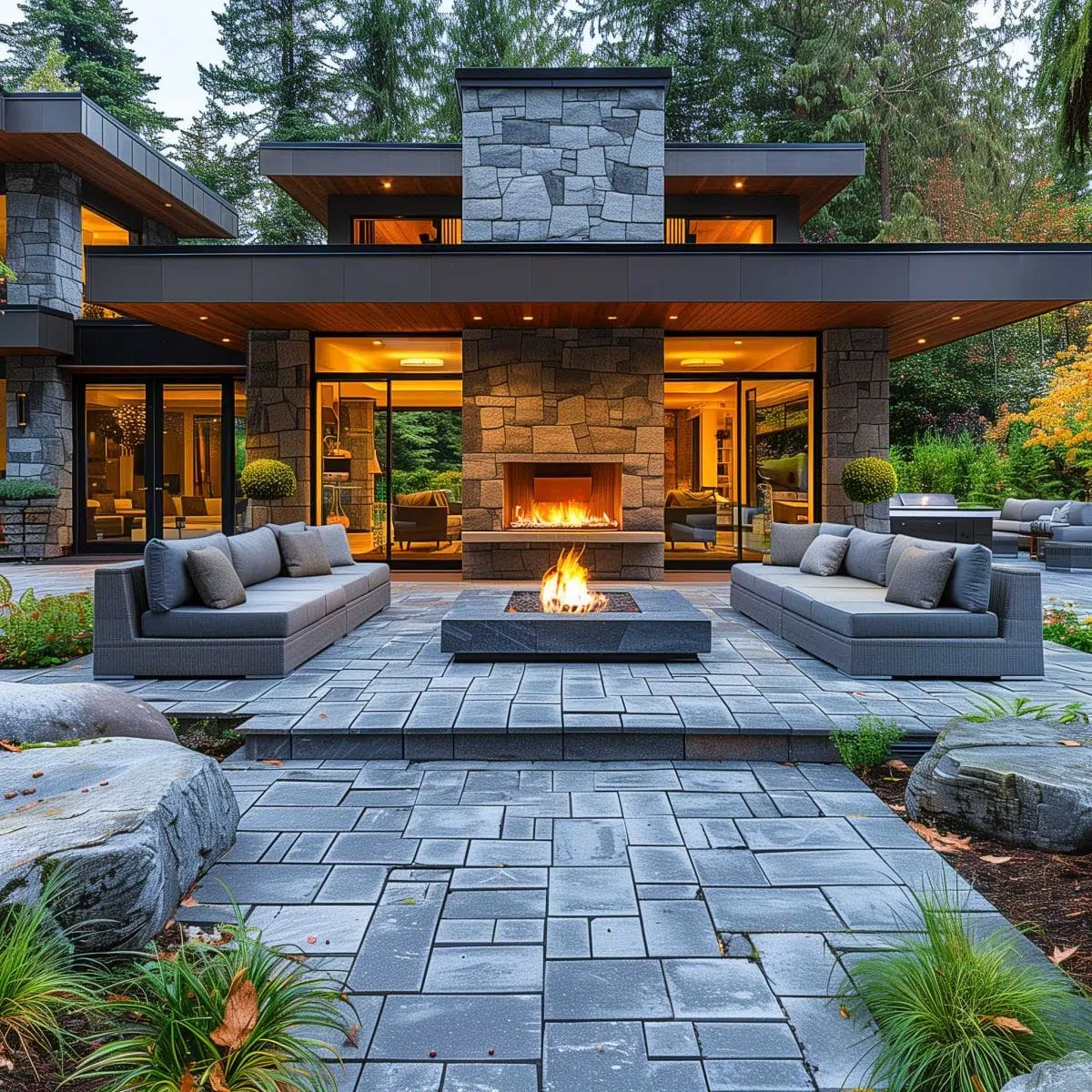 beautiful_outdoor_living_spaces (27) A modern outdoor patio features comfortable gray sofas around a lit fire pit. The area is surrounded by lush greenery and trees. A stone fireplace is set against the contemporary house, which has large glass windows glowing with warm interior lighting.