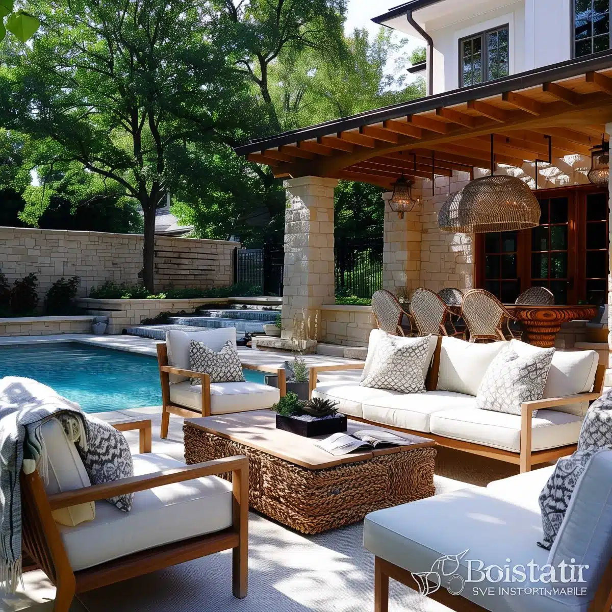 beautiful_outdoor_living_spaces (28) A luxurious backyard patio features cushioned seating around a wooden coffee table, a stone fireplace, and hanging wicker lights. The area overlooks a sparkling blue pool with lush green trees and a stone retaining wall in the background. The