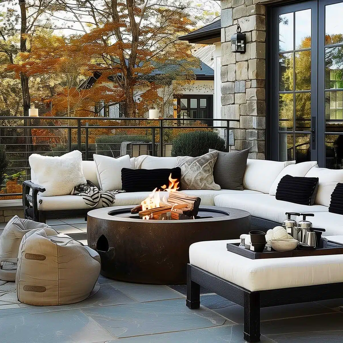 beautiful_outdoor_living_spaces (29) A cozy outdoor seating area features a round fire pit with flames, surrounded by cushioned sofas and pillows. Beige bean bags sit nearby, and a tray with teacups is on the sofa. The space is framed by greenery and a stone wall on the right.