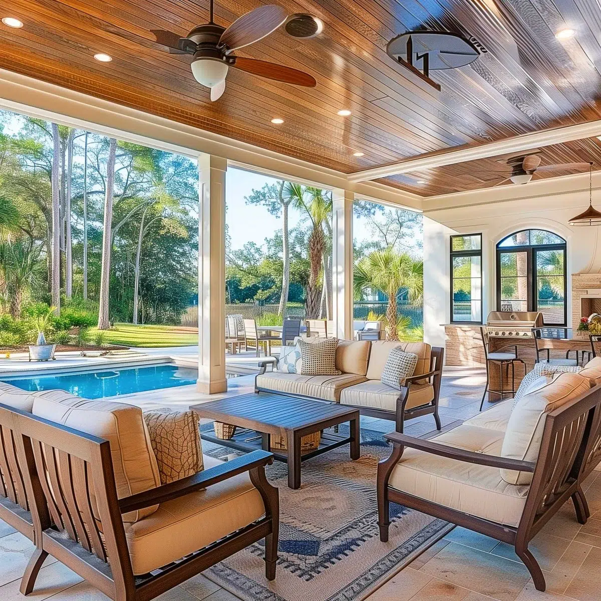 beautiful_outdoor_living_spaces (3) A spacious, covered outdoor patio features cushioned wooden furniture arranged around a coffee table. The area overlooks a swimming pool and is surrounded by lush greenery. Ceiling fans hang above, and a dining area with a counter is visible in the background.