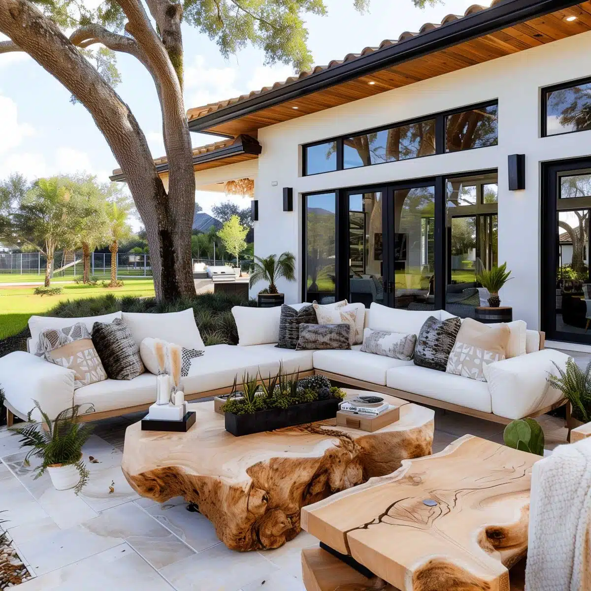 beautiful_outdoor_living_spaces (30) A cozy outdoor seating area featuring a large, white sectional sofa adorned with patterned cushions. Two wooden coffee tables with intricate natural wood textures are centered on a tiled patio. Potted plants and surrounding greenery create a fresh, inviting ambiance.