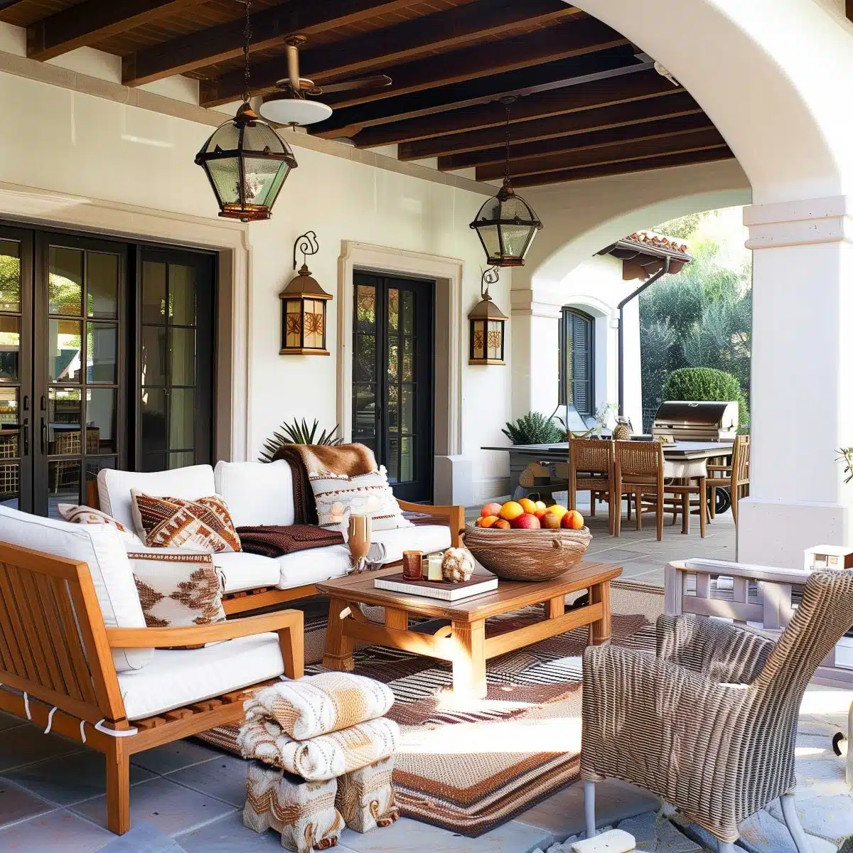 beautiful_outdoor_living_spaces (31) A stylish outdoor patio with wooden furniture including cushioned chairs, a coffee table with a bowl of apples, and a dining set in the background. The space has woven chairs and lanterns hanging from the wooden ceiling, creating a warm and inviting atmosphere.