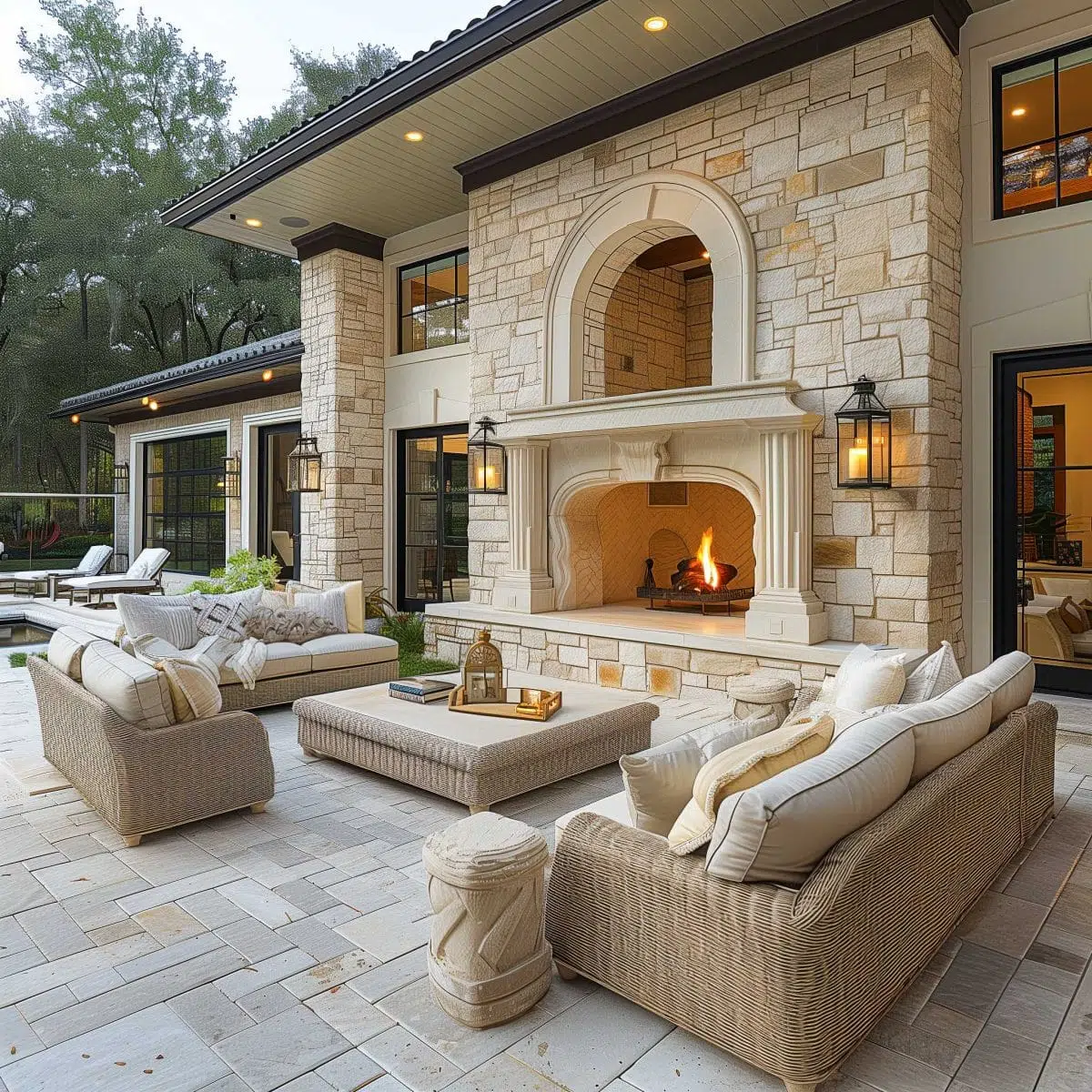 beautiful_outdoor_living_spaces (32) Luxurious outdoor patio scene with wicker furniture arranged around a central coffee table. A grand stone fireplace is built into the exterior wall of a house, which is made of matching stone. Soft lighting from lanterns adds a warm ambiance. Trees are visible in the background.