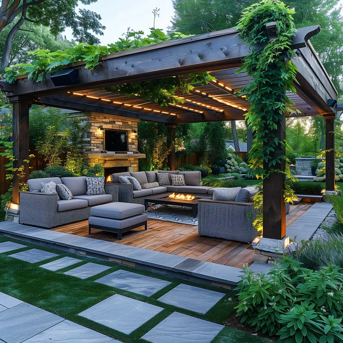 beautiful_outdoor_living_spaces (33) A cozy outdoor seating area beneath a wooden pergola adorned with climbing plants and integrated lights. The space features cushioned furniture around a central firepit, a stone wall with a mounted TV, and lush greenery in the surrounding garden.