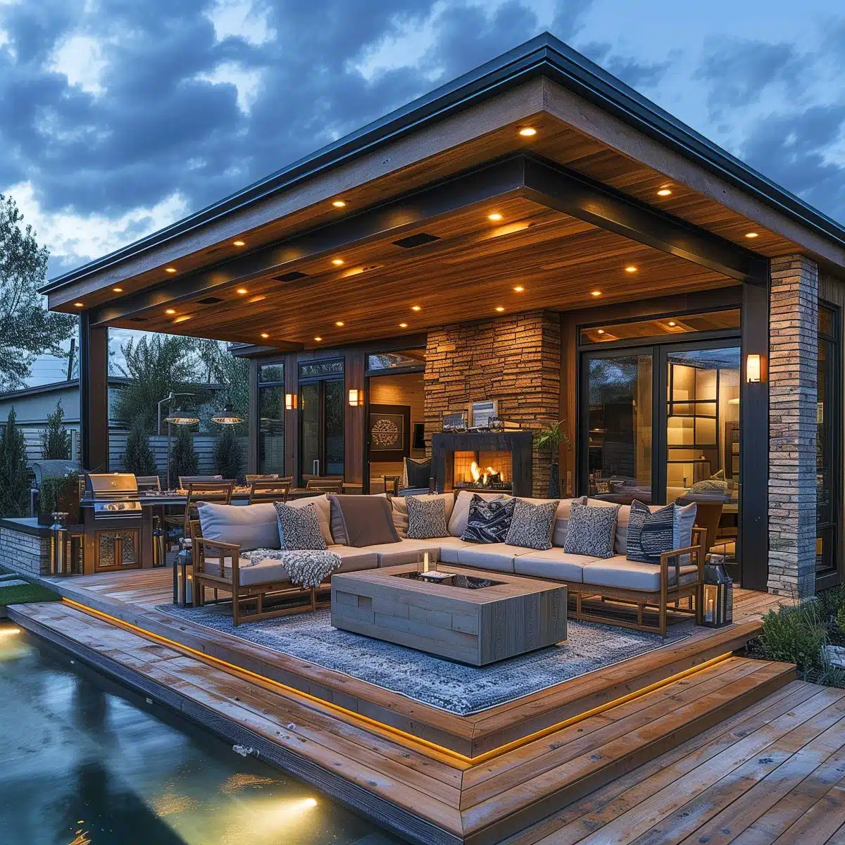 beautiful_outdoor_living_spaces (35) Modern outdoor patio with wooden decking, furnished with cushioned seating around a rectangular coffee table. The space includes a fireplace, ambient lighting, and overlooks a sleek pool. The area is covered by a wooden pergola with recessed lighting, creating a cozy ambiance.