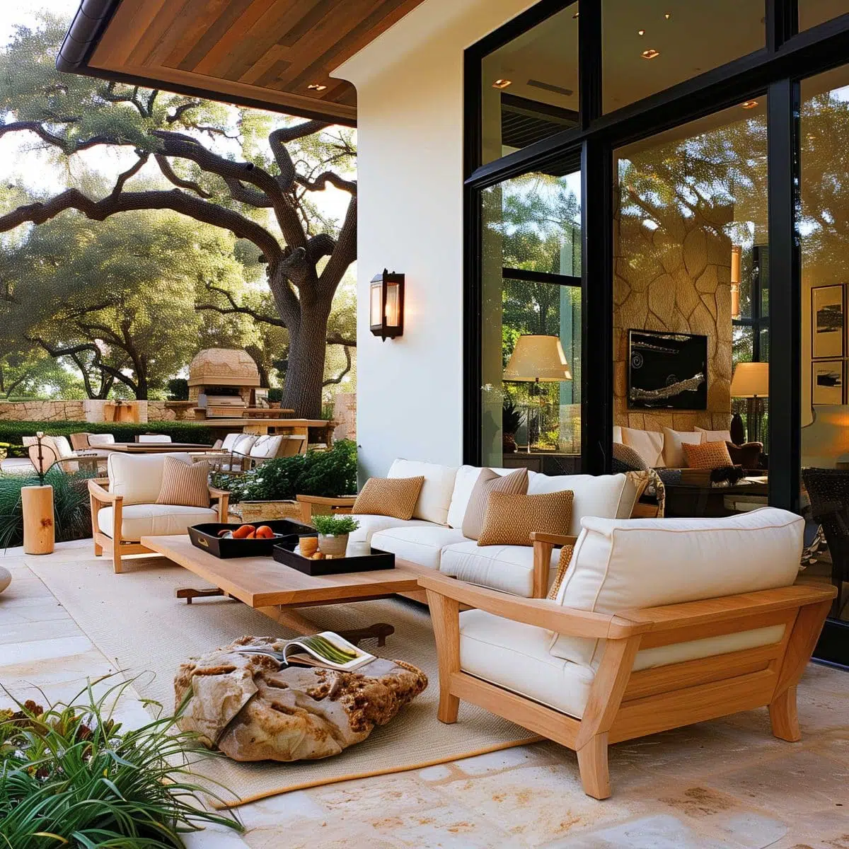 beautiful_outdoor_living_spaces (37) A stylish outdoor patio features cushioned wooden furniture, a natural stone coffee table, and a modern outdoor fireplace. The area is shaded by large trees, and a glass wall provides a view into a warmly lit indoor living space with cozy decor.