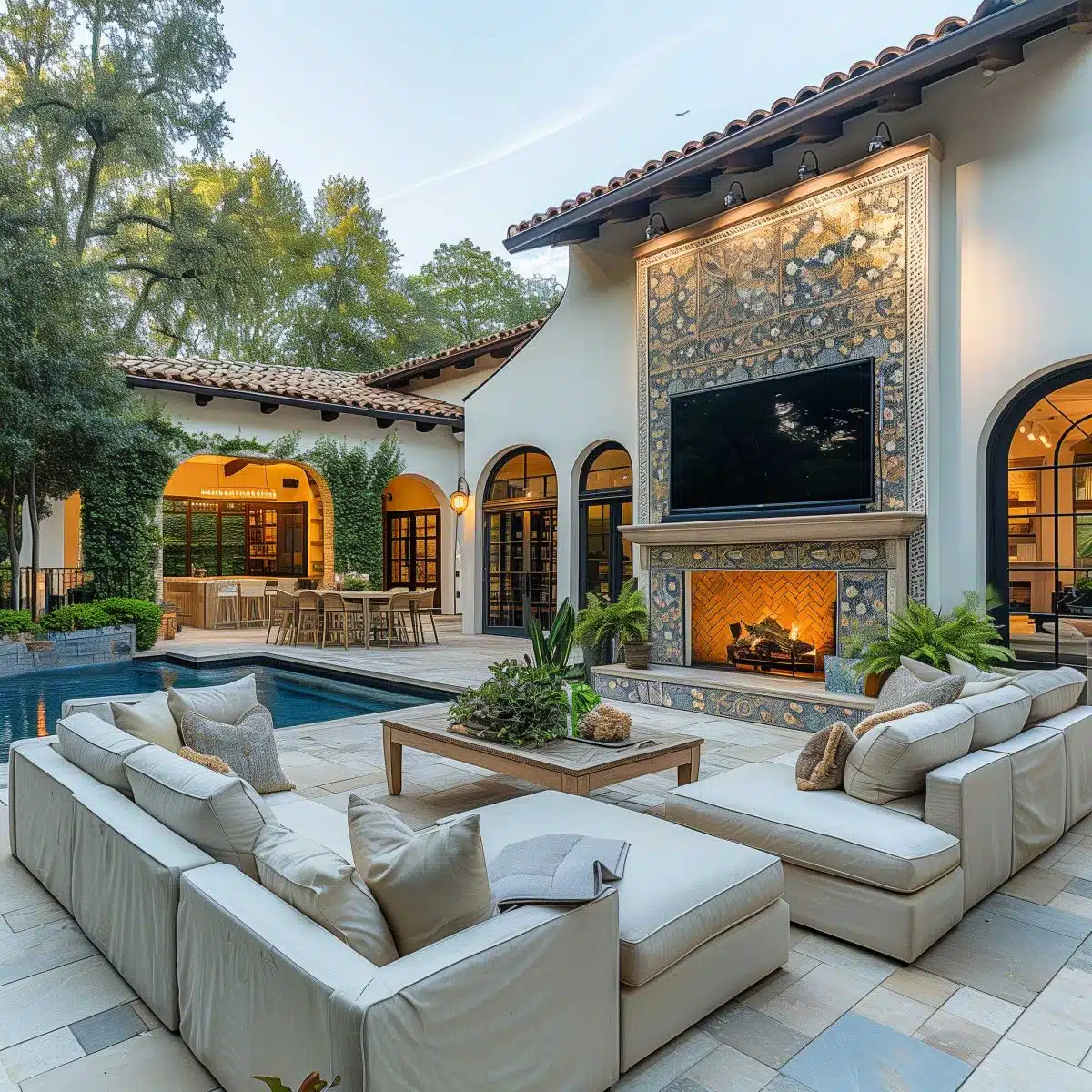 beautiful_outdoor_living_spaces (38) A luxurious outdoor patio with cream-colored sofas arranged around a wooden coffee table. An ornate fireplace with intricate tilework and a TV above it serves as the focal point. The area overlooks a pool, and the house in the background features arched doorways and windows.