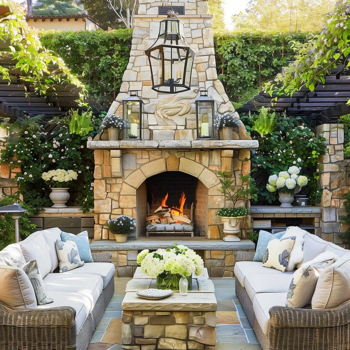 beautiful_outdoor_living_spaces (39) A cozy outdoor seating area with cushioned sofas and a stone fireplace as the centerpiece. The fireplace has a roaring fire and is adorned with flowers and greenery. There are lanterns hanging, and the space is surrounded by lush plants and lattice fencing.