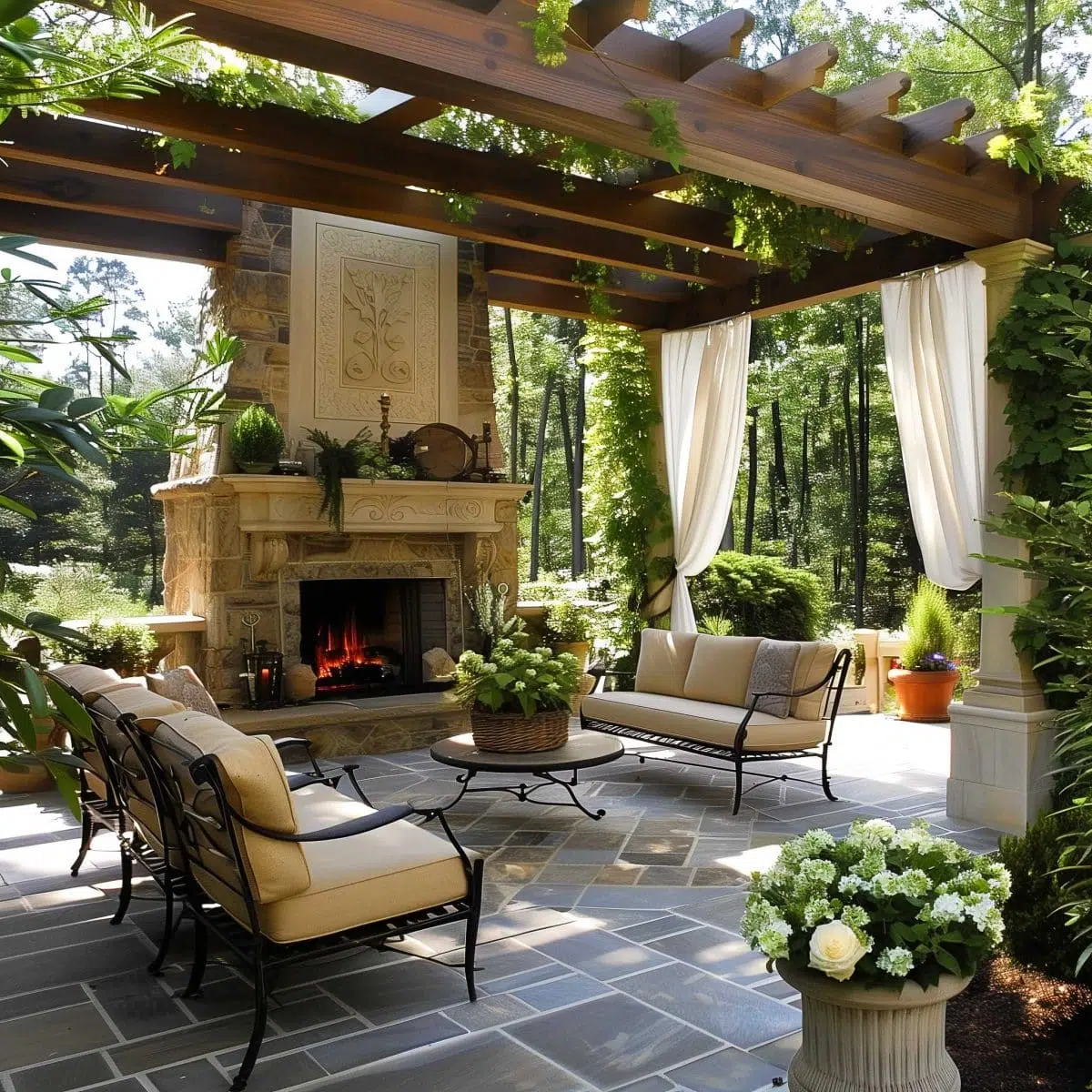 beautiful_outdoor_living_spaces (4) A cozy outdoor patio features a stone fireplace with a wooden pergola overhead adorned with greenery. The space is decorated with beige cushioned seating, white curtains, potted plants, and a basket centerpiece on a coffee table, set amidst lush trees.
