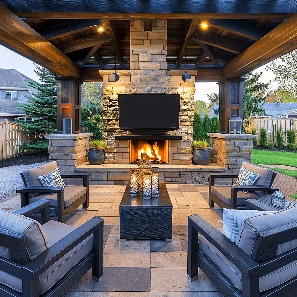 beautiful_outdoor_living_spaces (40) An outdoor patio with a cozy setup. The space features a stone fireplace with a lit fire, a mounted TV above it, and four cushioned chairs surrounding a central table topped with a decorative candle lantern. The patio is covered by a wooden pergola.