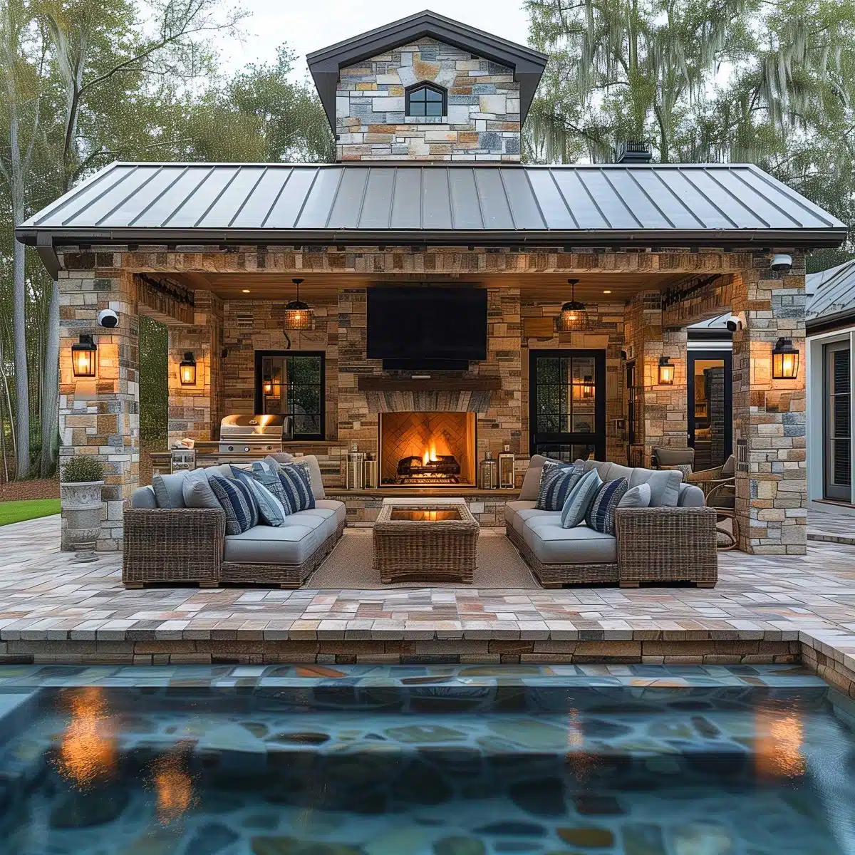 beautiful_outdoor_living_spaces (41) Outdoor patio with a stone fireplace at the center. Two wicker couches with blue-grey cushions face each other, separated by a glass-top coffee table. A swimming pool with a stone mosaic design is in the foreground. String lights and lanterns add ambiance.