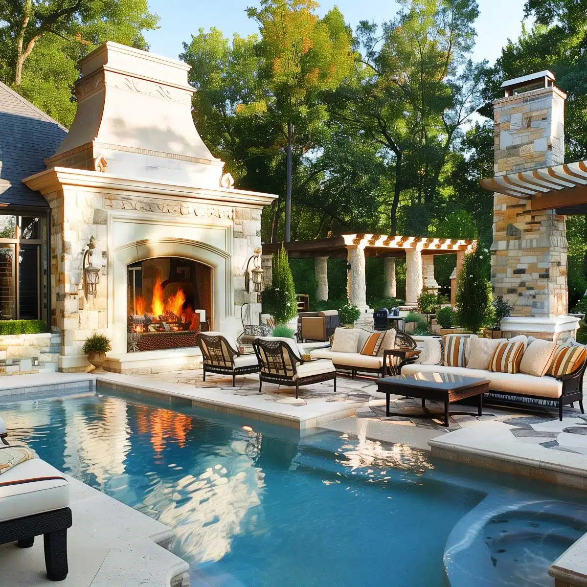 beautiful_outdoor_living_spaces (43) A luxurious backyard with a swimming pool, cozy seating area, and a large outdoor fireplace. The area is bordered by beautifully landscaped greenery and trees. Elegant patio furniture and a shaded pergola enhance the inviting ambiance.