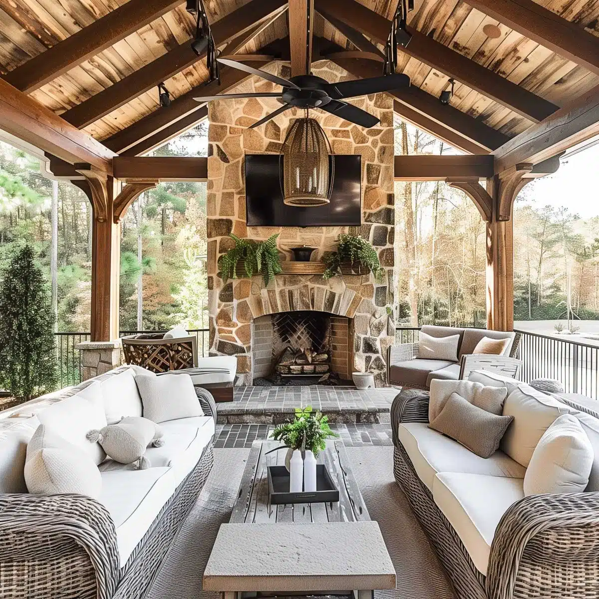 beautiful_outdoor_living_spaces (44) A cozy outdoor living space features a stone fireplace with a mounted TV and wooden beams. Two wicker sofas with white cushions encircle a gray coffee table. Potted plants and hanging greenery decorate the area, set amid a scenic forest backdrop.