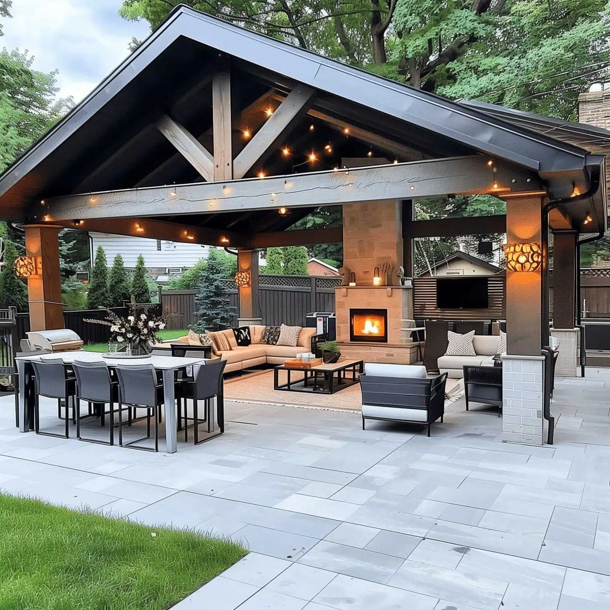 beautiful_outdoor_living_spaces (45) A modern outdoor patio features a spacious seating area with couches and a coffee table under a gazebo, illuminated by string lights. There's a cozy fireplace, dining table and chairs, all set on a stone-tiled floor, surrounded by greenery and a wooden fence.