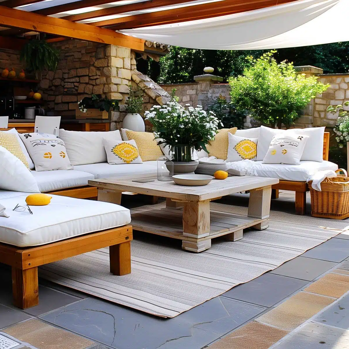 beautiful_outdoor_living_spaces (46) A cozy outdoor patio features white cushioned wooden furniture with yellow accent pillows, a wooden coffee table adorned with fresh lemons and flowers, all set on a striped rug. A stone wall and lush greenery create a serene and inviting atmosphere.