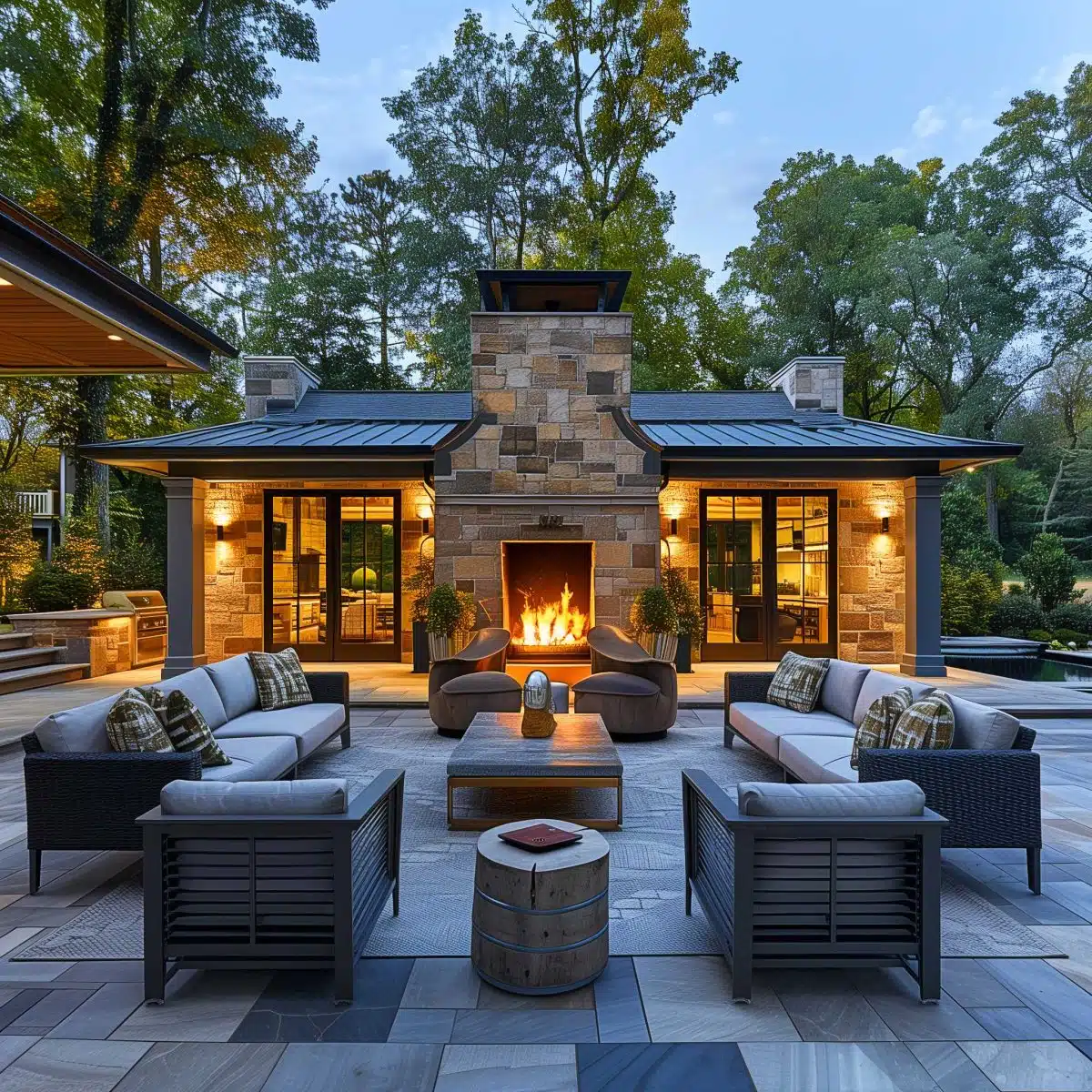 beautiful_outdoor_living_spaces (47) A spacious, modern outdoor patio features cushioned seating, a central stone fire pit, and a fireplace in front of a stone building. Trees and greenery surround the area, creating a serene, inviting atmosphere with outdoor lighting and a soothing ambiance.