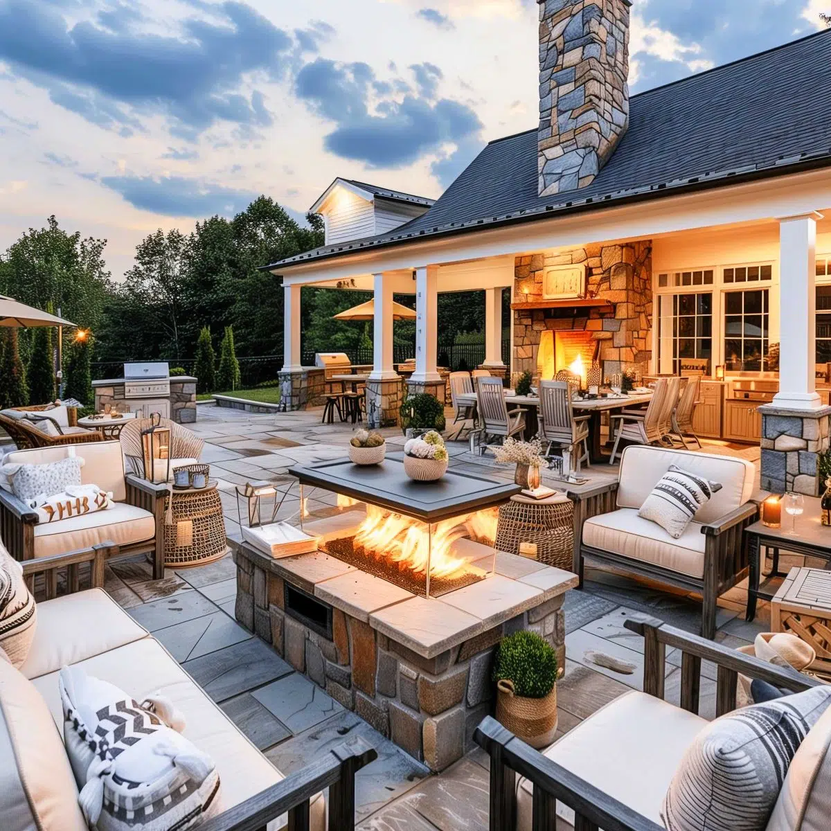 beautiful_outdoor_living_spaces (49) A spacious outdoor patio features cozy seating around a rectangular fire pit. A stone fireplace and a large dining table sit under a covered area with columns. Soft lighting and greenery enhance the warm and inviting atmosphere at dusk.