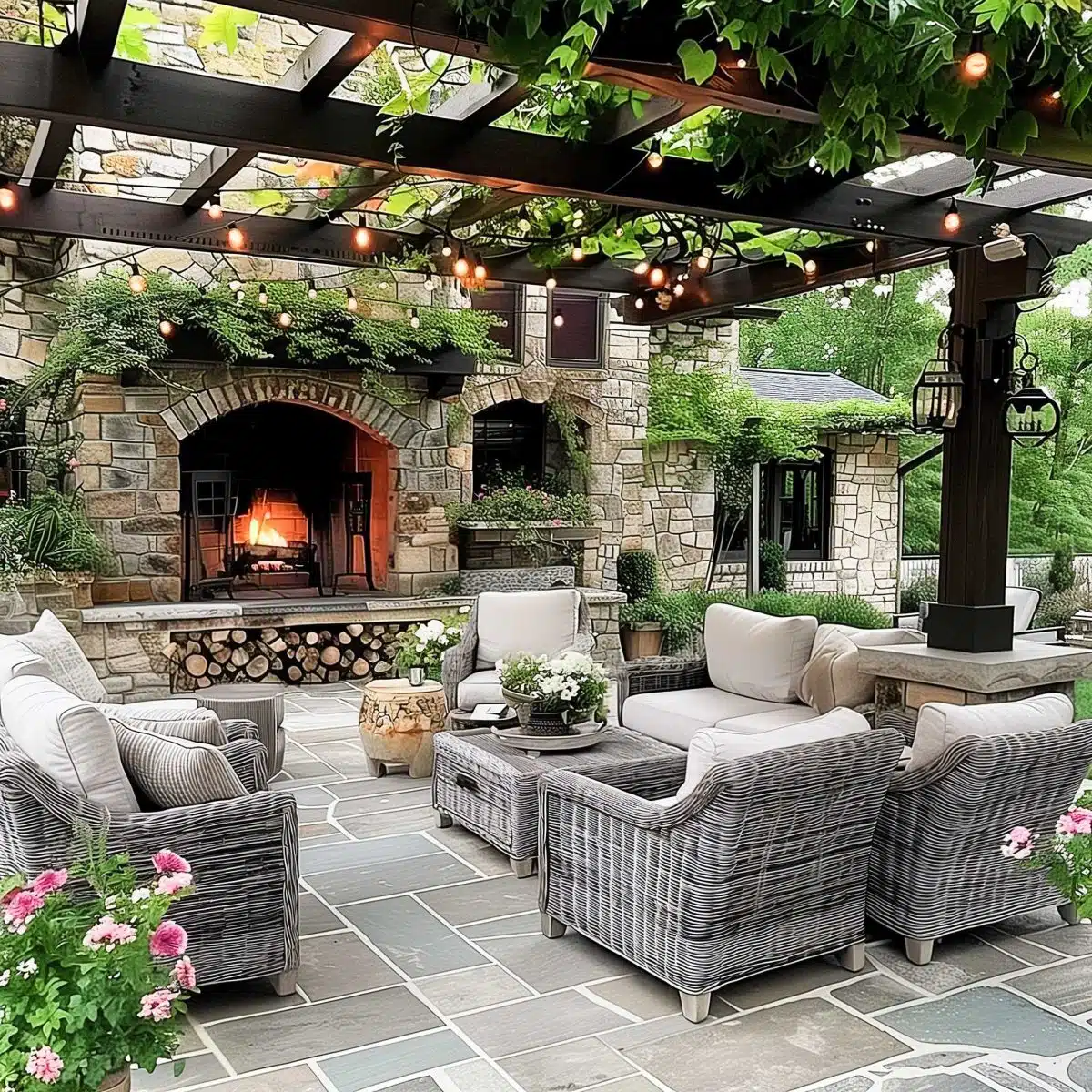beautiful_outdoor_living_spaces (5) A cozy outdoor patio features cushioned wicker chairs and a matching ottoman, centered around a stone fireplace with a burning fire. A wooden pergola overhead is adorned with string lights and green vines, adding charm to the stone-paved area surrounded by greenery.