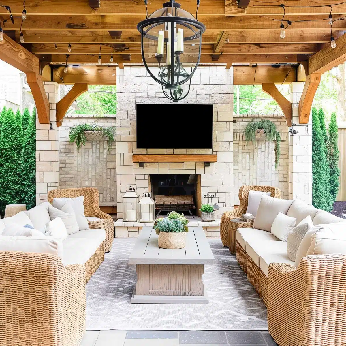 beautiful_outdoor_living_spaces (50) An outdoor patio features a cozy seating area under a wooden pergola with string lights. The space includes wicker furniture with cream cushions, a rectangular coffee table, a fireplace, and a mounted TV. Potted plants and greenery adorn the background.