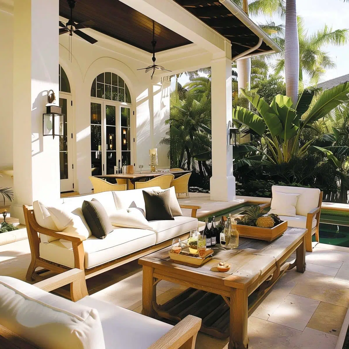 beautiful_outdoor_living_spaces (6) A luxurious outdoor patio with white cushioned wooden furniture, including a sofa and chairs, centered around a wooden table with wine bottles and glasses. The space is adorned with tropical plants and framed by a modern white building with tall arched windows.