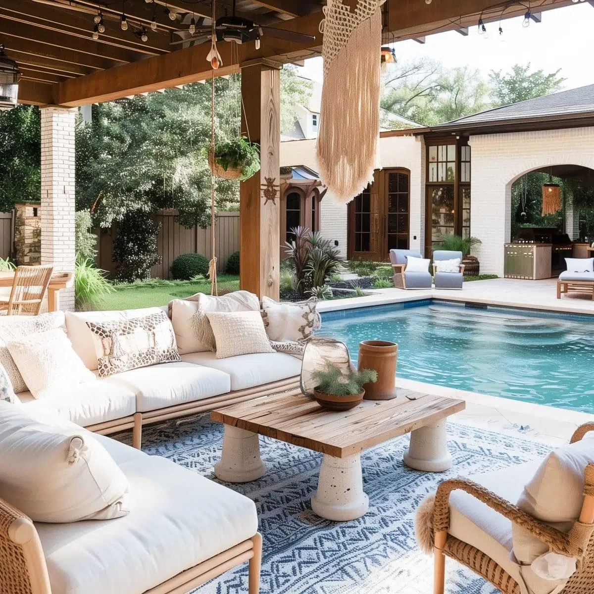 beautiful_outdoor_living_spaces (7) A cozy outdoor patio features a comfortable seating area with beige cushions and a wooden coffee table under a pergola. The area has decorative elements, such as a patterned rug and hanging macramé, and overlooks a swimming pool and a lush, landscaped backyard.