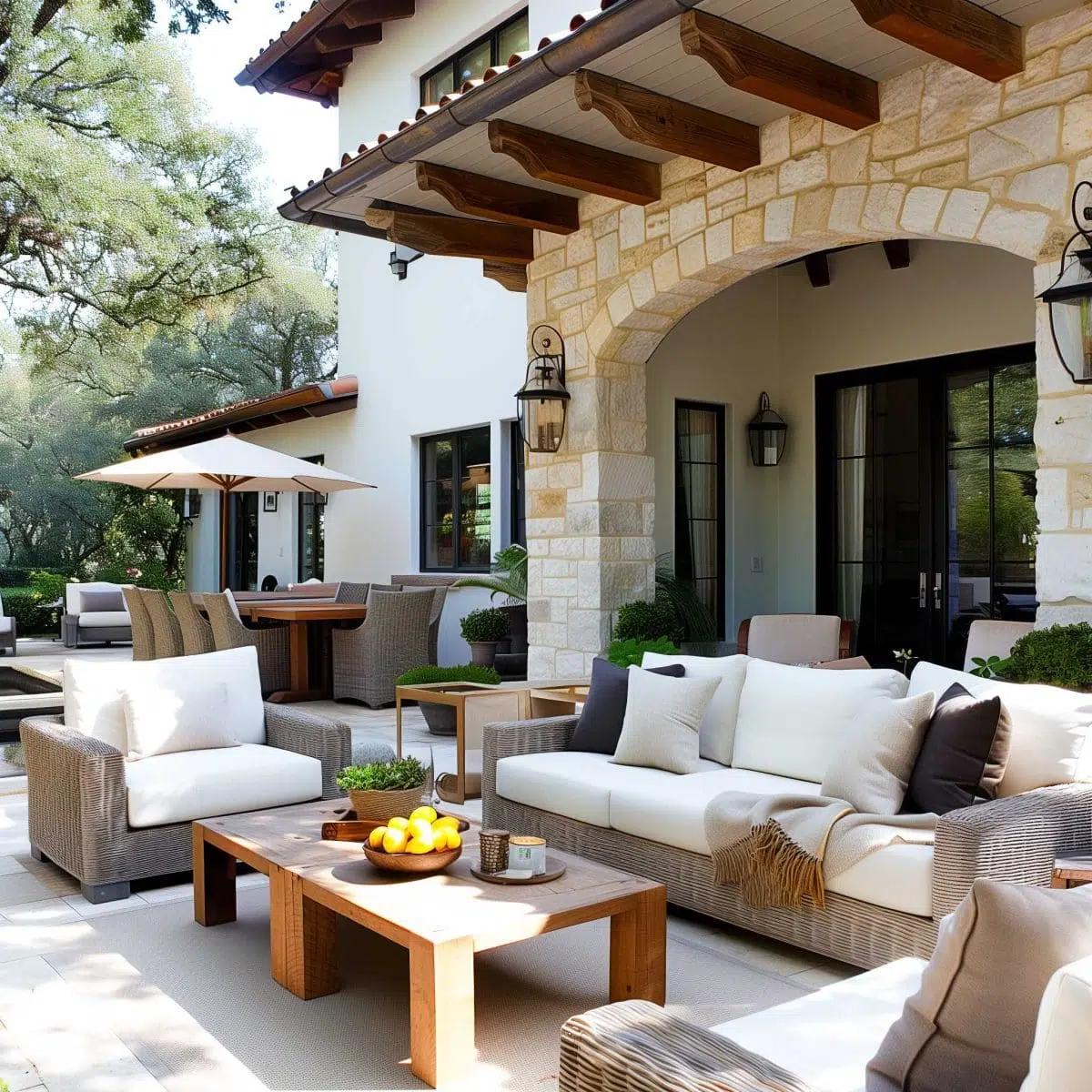 beautiful_outdoor_living_spaces (9) An inviting outdoor patio area with comfortable seating, including cushioned sofas and chairs arranged around a wooden coffee table. A stone archway leads into the house, and an umbrella-shaded dining table is visible in the background. Greenery surrounds the space.