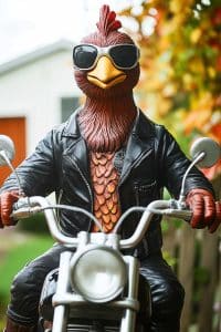 Get ready for next-level barnyard cool: a rooster, in shades and leather, tearing up the road on a motorcycle. Rooster biker chic? Yes, it’s officially a thing.