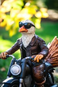 Soar into style with this bad-to-the-bone eagle in a leather jacket and shades, cruising on a motorcycle. Nothing says fierce like foliage and feathers, right?