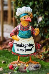Meet your new kitchen MVP: a chicken chef statue rocking an apron that proudly declares Thanksgiving is my jam! Nothing says serious cooking like poultry with personality.